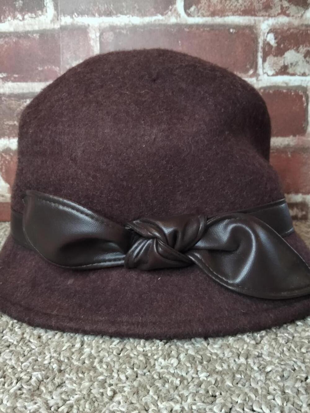 Charter Club Womens Bucket Hat 100% Wool Cloche with Leather Bow Band